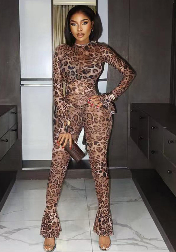 Women's Spring-Summer Leopard Mesh Bell Sleeve See-Through Jumpsuit