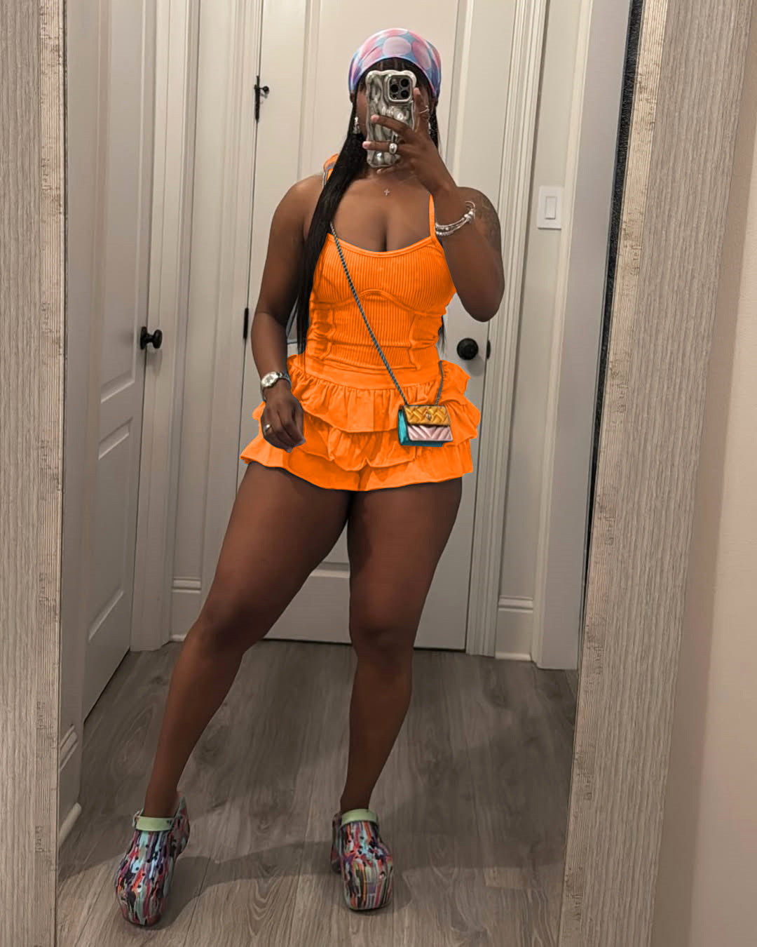 Women's Solid Strap Tank Top and Ruffled Shorts Set 6