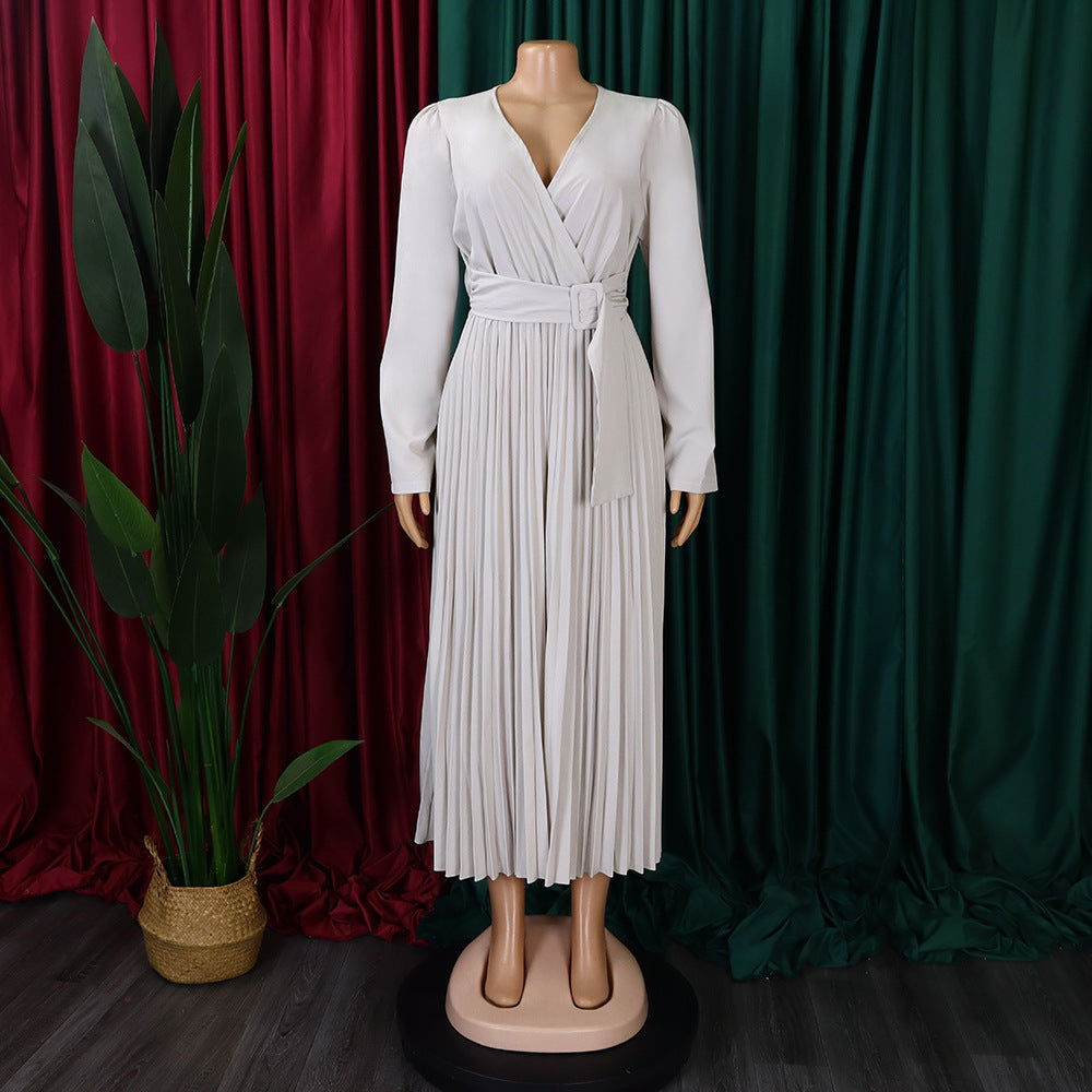 V-Neck Chic Elegant Slim Waist Belted Pleated High Waist Plus Size Dress 45