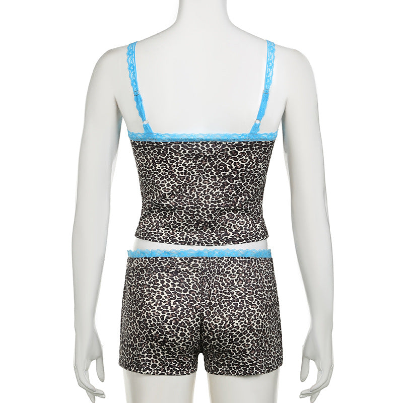 Women Leopard Lace Vest and Shorts Two-piece Set 9