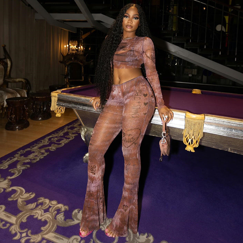 Women's Casual Micro-Transparent Sexy Slim Short Top & Long Pants Two Piece Set