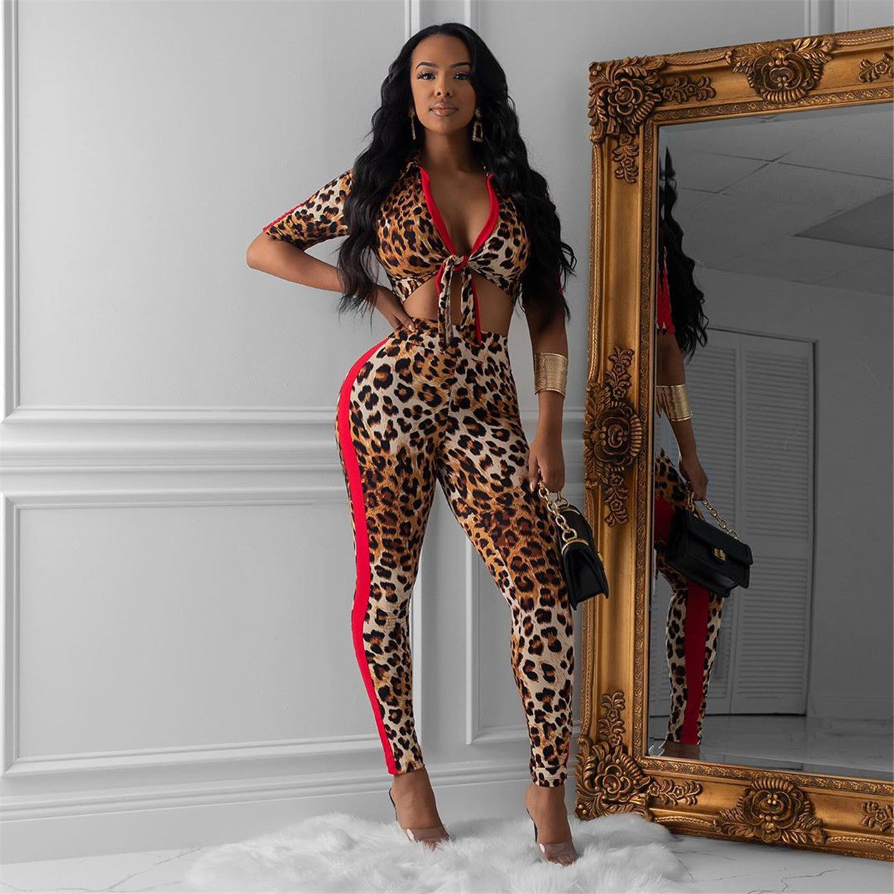 Women Sexy Leopard Color-blocking Top and Pants Two-piece Set