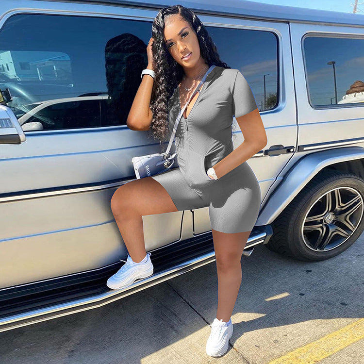 Women Summer Casual Solid Zipper Top and Shorts Two-Piece Set 4