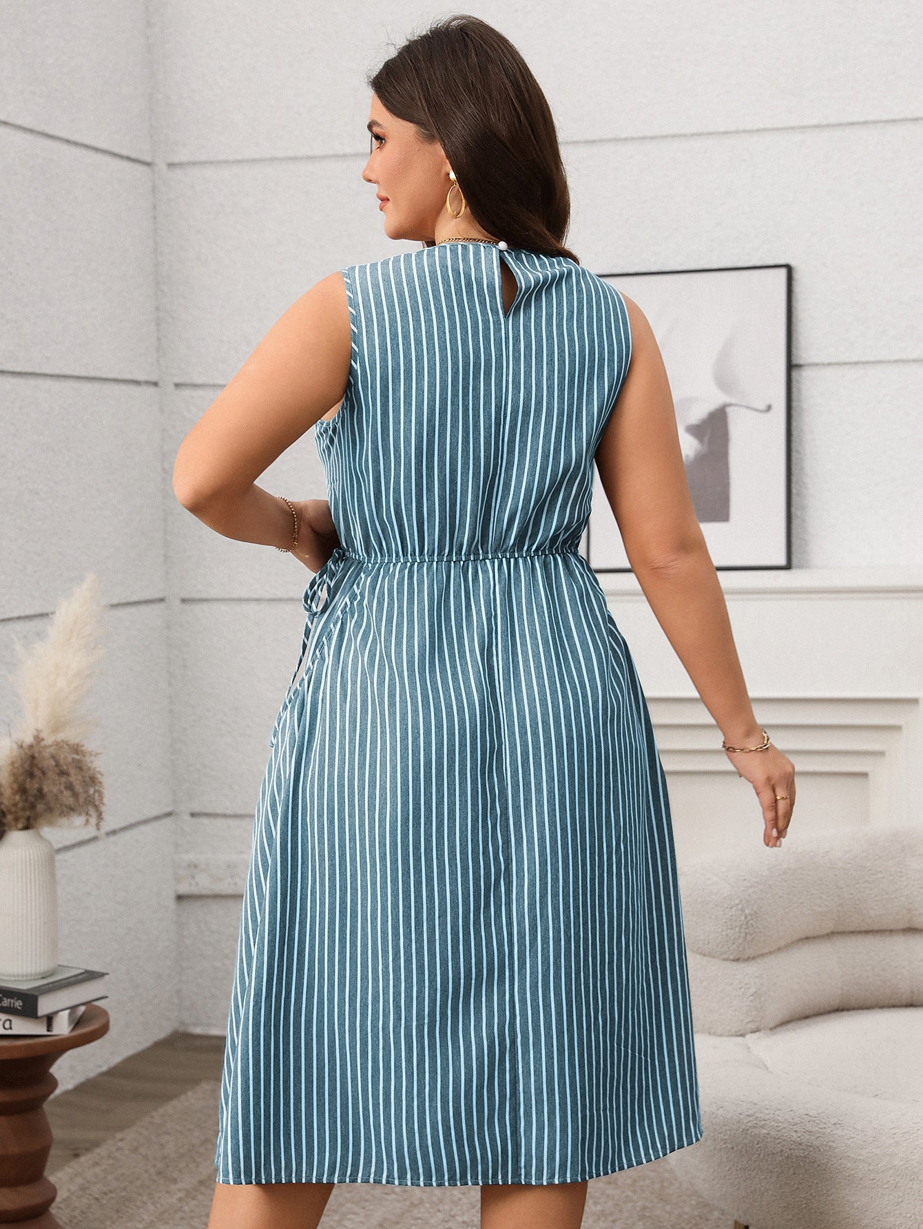 Spring/Summer Women's Plus Size Casual Contrast Stripe Sleeveless Pocket Dress 11