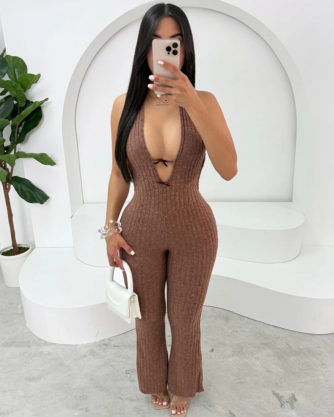 Women's Halter Neck Low Back Flare Jumpsuit 4