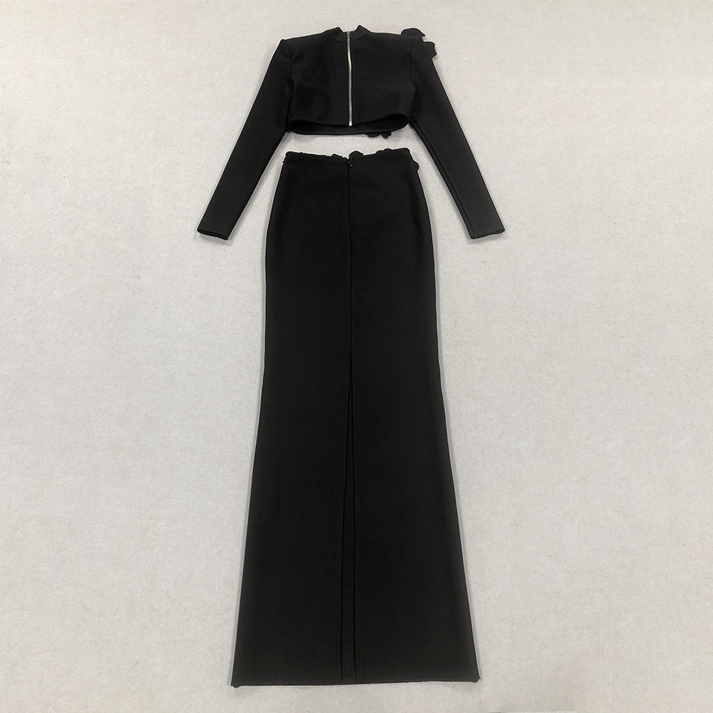 Women Sexy Elegant Beaded Long Sleeve Top and Long SkirtTwo Piece Set 7