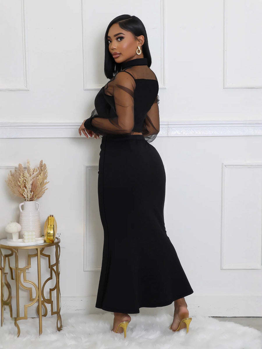 Women Elegant Mesh Patchwork Top And Long Skirt Two-piece Set 4