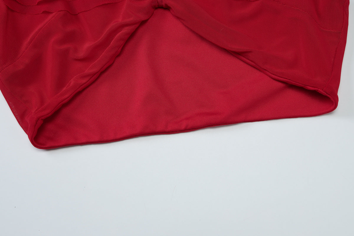 Women Solid sexy wrap chest Top and pleated layered mesh irregular Maxi Skirt two-piece set 12