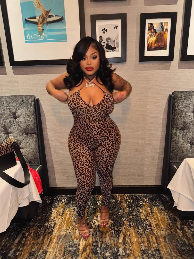 Women’s Sexy Leopard Print Straps Low-Cut Slim Jumpsuit 4