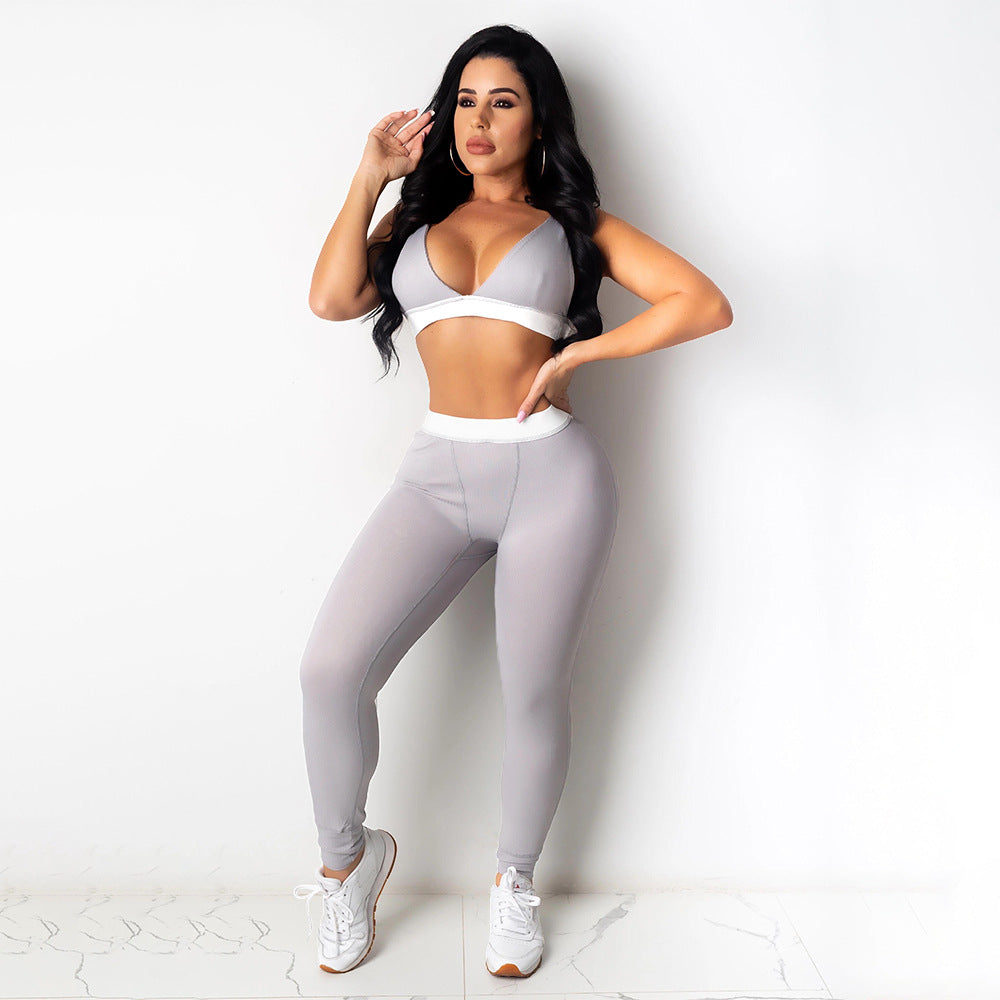 Women Solid Sling Elastic Casual Sports Two-piece Set 5