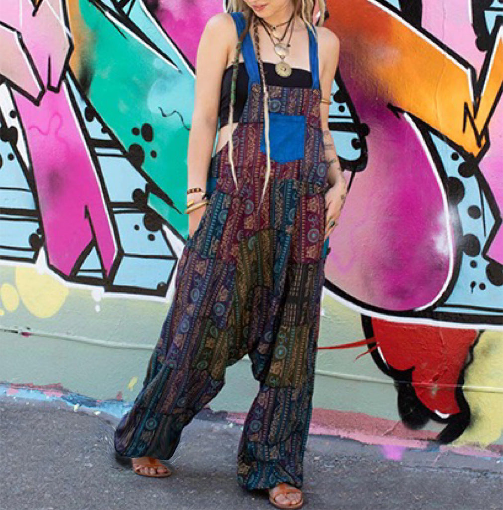 Women hippie patchwork print sleeveless jumpsuit 9