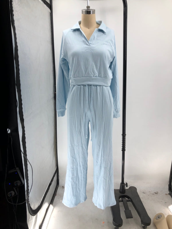 Women Fall/Winter Solid V-Neck Long Sleeve Casual Top and Pants Two-Piece Set 26