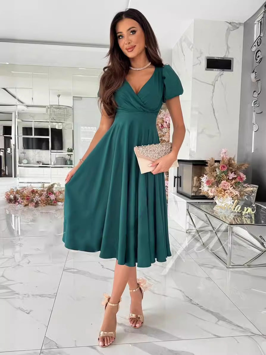 Women Career Solid V-Neck Puff Sleeve Dress 7