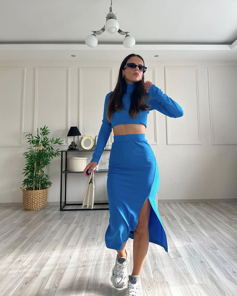 Spring And Autumn Solid Color Ribbed Round Neck Long-Sleeved Women's Two-Piece Fashionable Slit Maxi Skirt Set 5