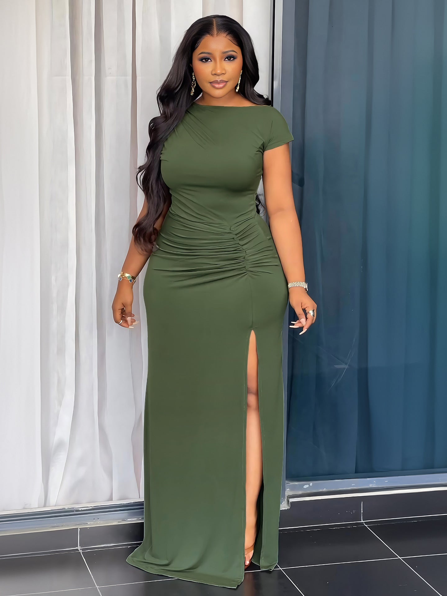 Women short sleeve pleated bodycon dress 3