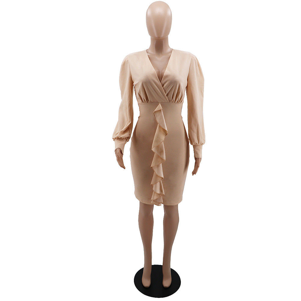 Women Solid Color Sexy V-Neck Ruffle Bodycon Dress 16