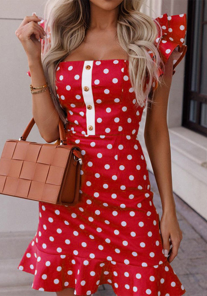 Women Summer Flying Sleeve Mini Sexy Polka Dot Dress
