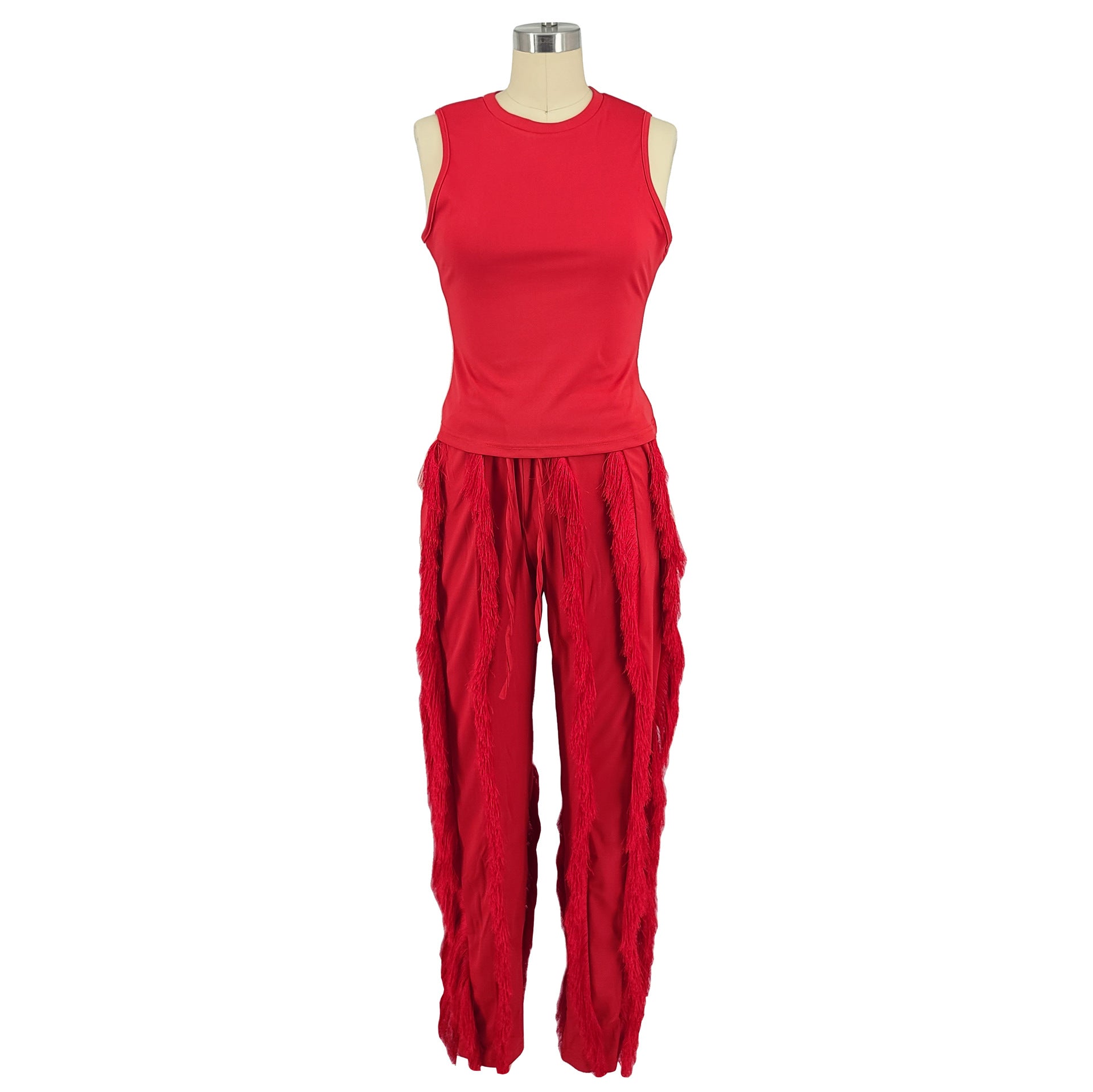 Women's Two Piece Tassel Pants Sleeveless Casual Two Piece Set 19