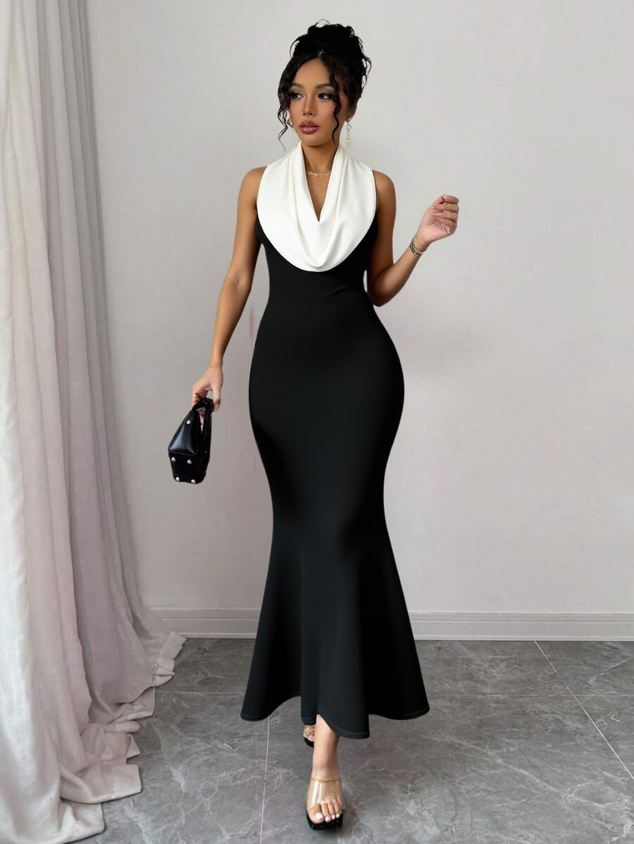 Women summer contrast color Halter Neck sleeveless dress 3