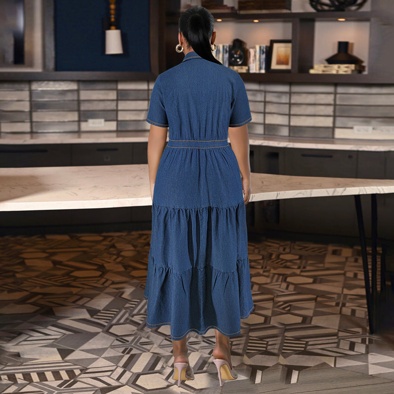 Plus Size Women Turndown Collar Button Pocket Short Sleeve Denim Long Dress 4