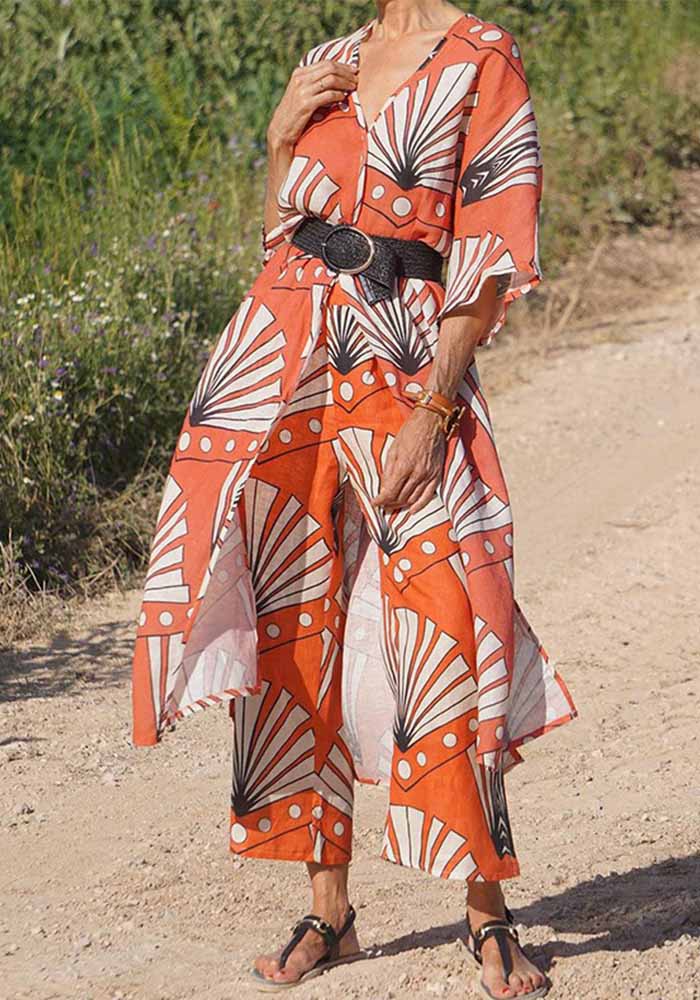 Spring Women's Fashionable Printed Shirt Straight Pants Two-Piece Set