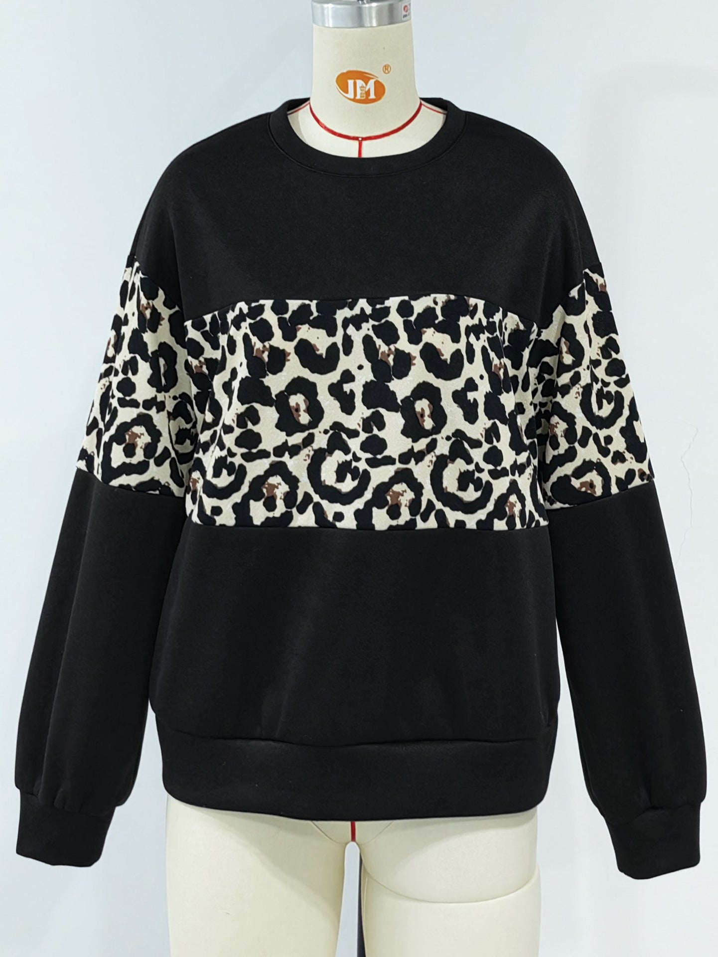 Women Autumn Loose Round Neck Long Sleeve Leopard Patchwork Top 13