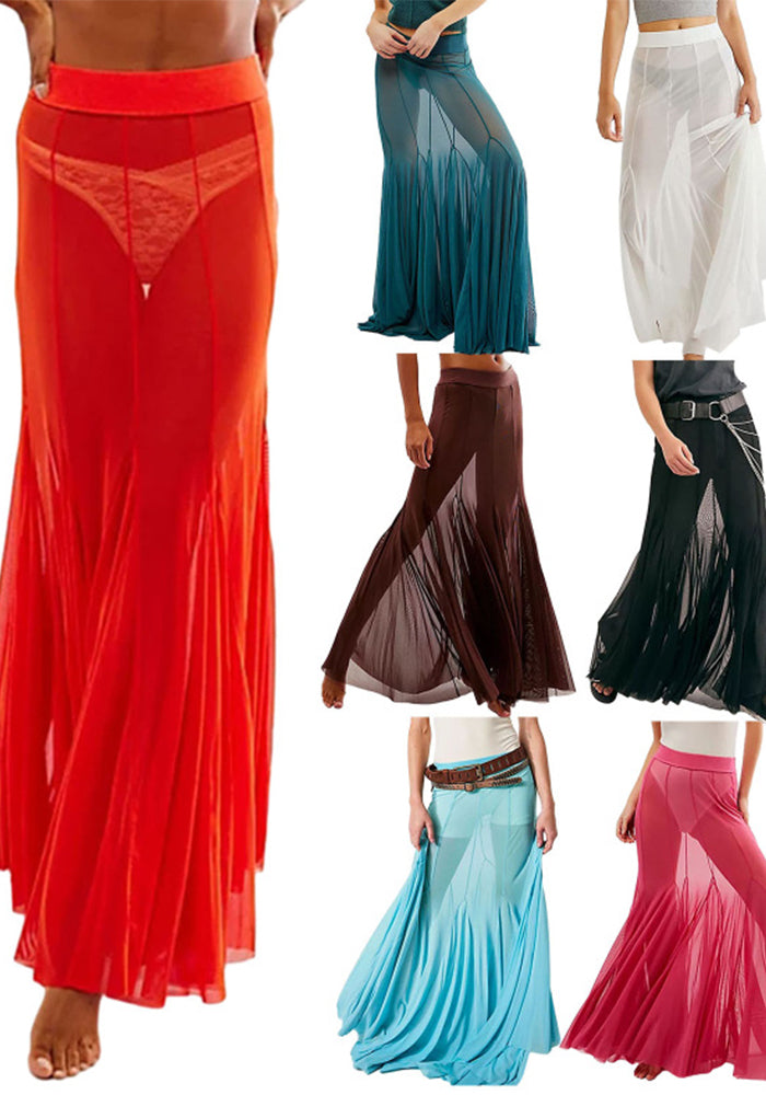 Irregular See-Through Mesh Sexy High-Waisted Long Skirt