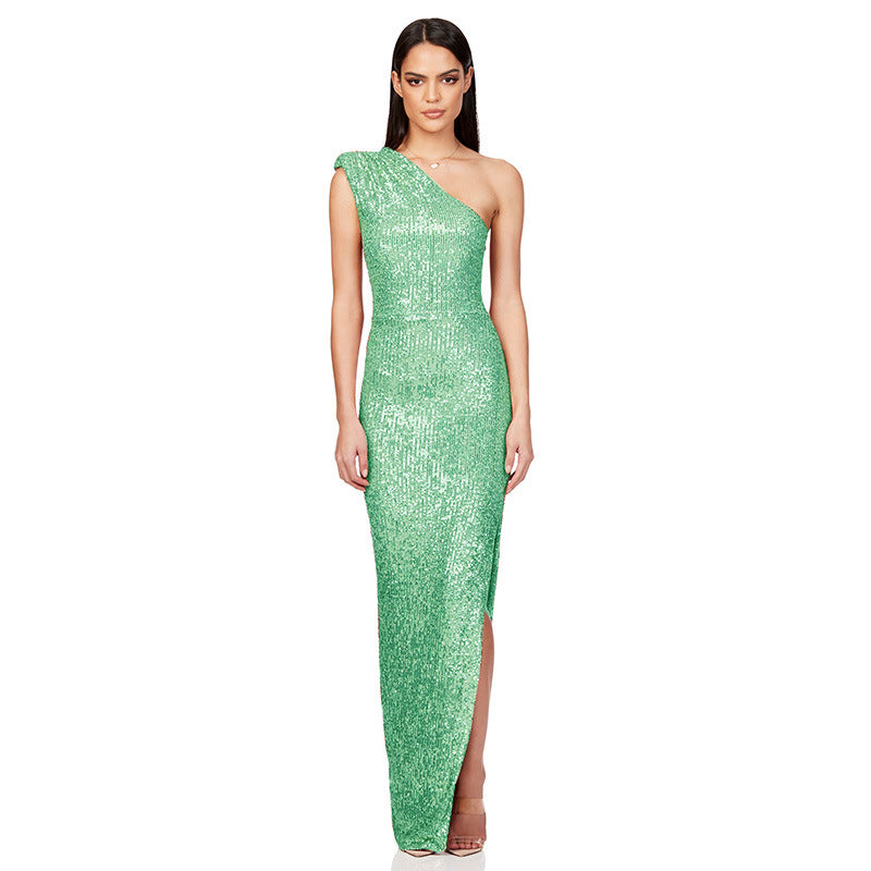 Women's One-Shoulder Sleeveless Sequined Slit Evening Party Dress 30