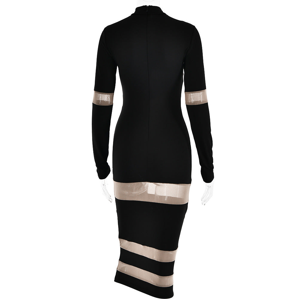 Women Round Neck Patchwork See-Through Long Sleeve Dress 16