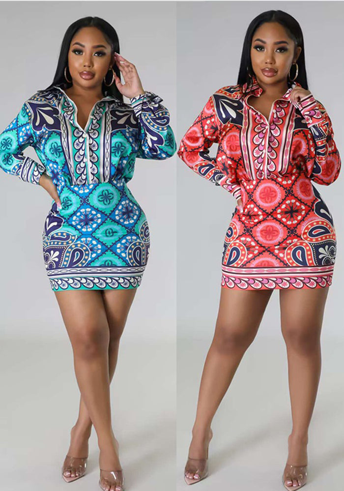 Casual Long Sleeve Printed Shirt Slim Short Skirt Sexy Two-Piece Set