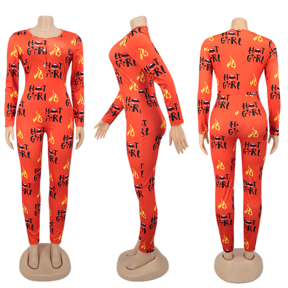 Women Round Neck Long Sleeve Printed Jumpsuit 12