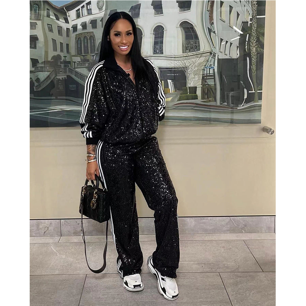 Sequin Fashion Casual Zipper Two Piece Pants Set Autumn Clothing 7