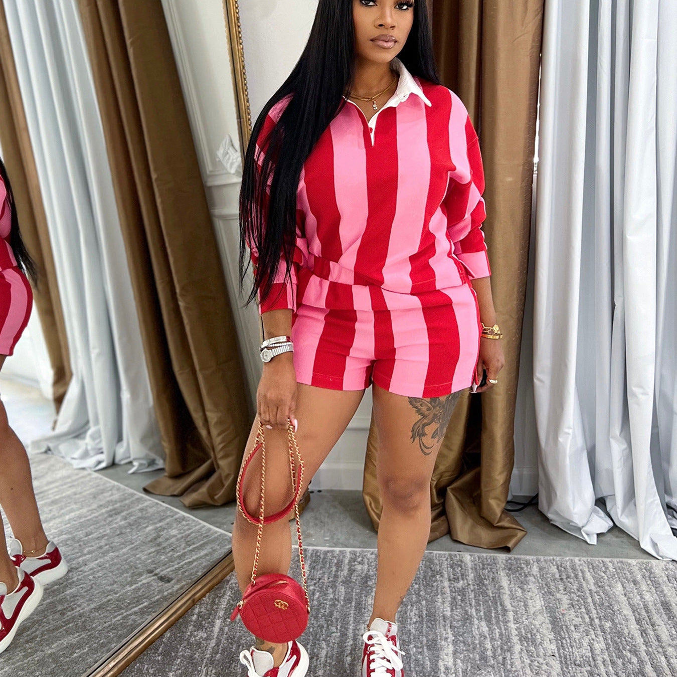 Women Summer Casual Striped Turndown Collar Top and Shorts Two-Piece Set 8