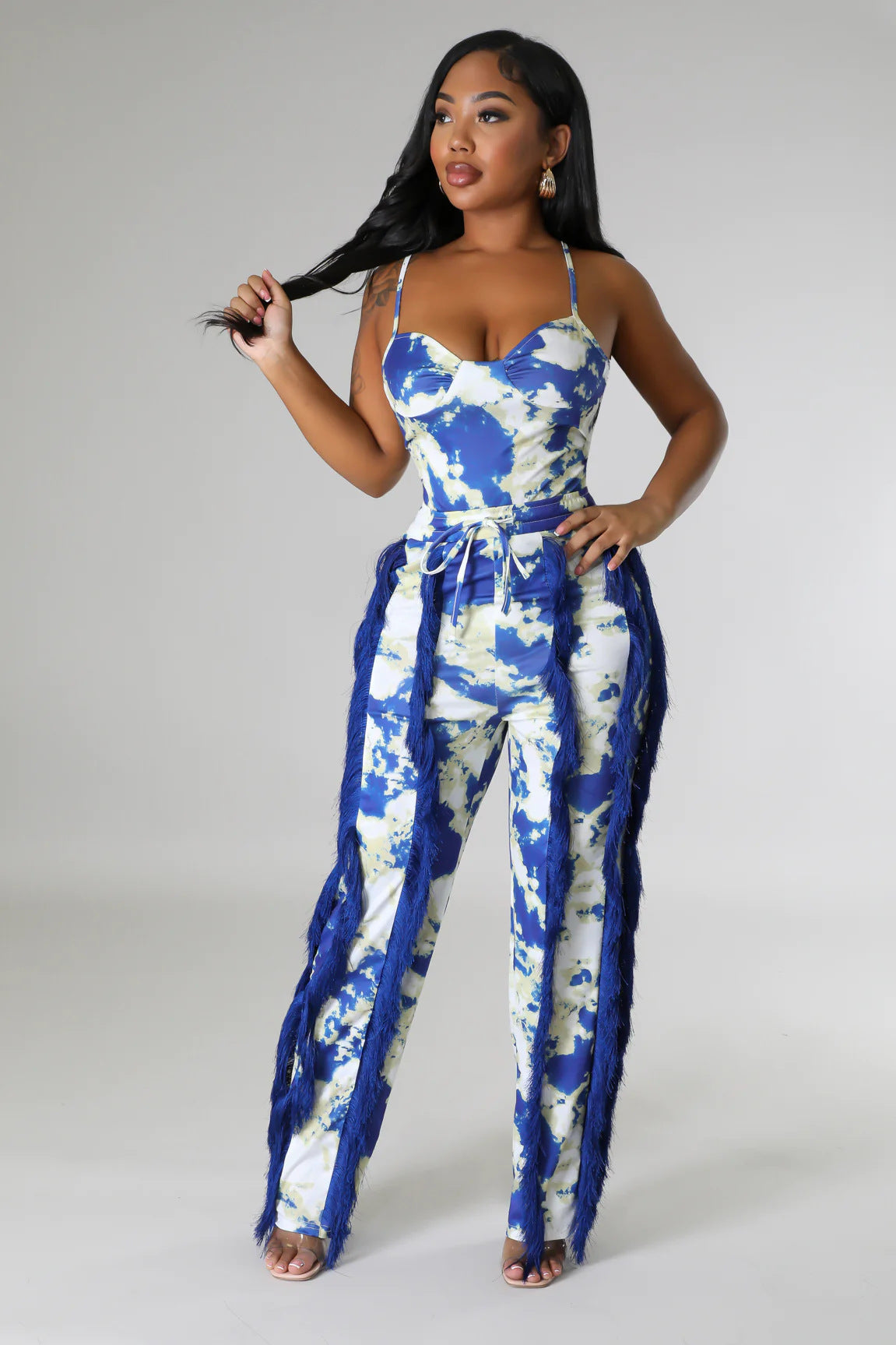Women's Two-piece Pants V-Neck One-Piece bodysuit Top Sexy Tie-Dye Tassel Trousers Set 4