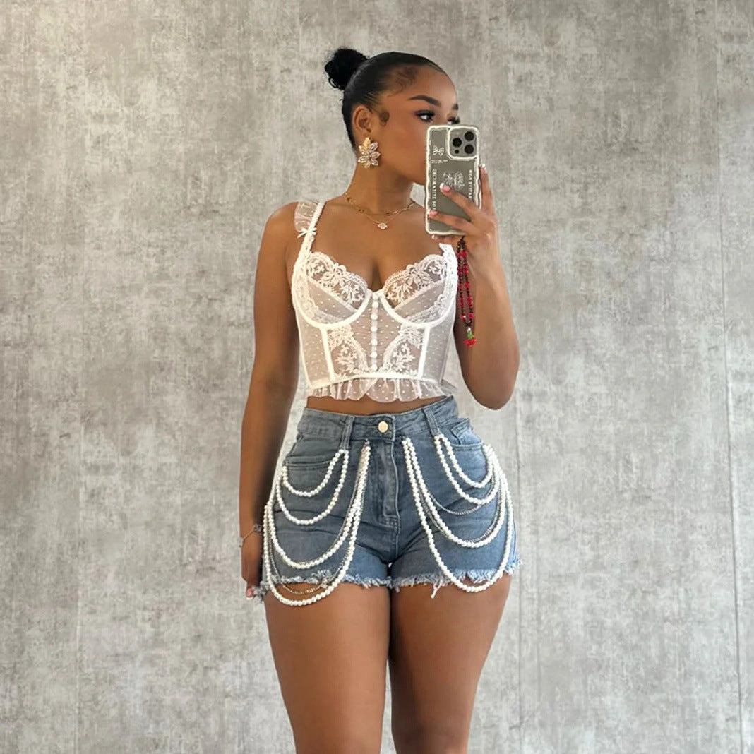 Summer Women Street Pearl Rhinestone Denim Shorts 3