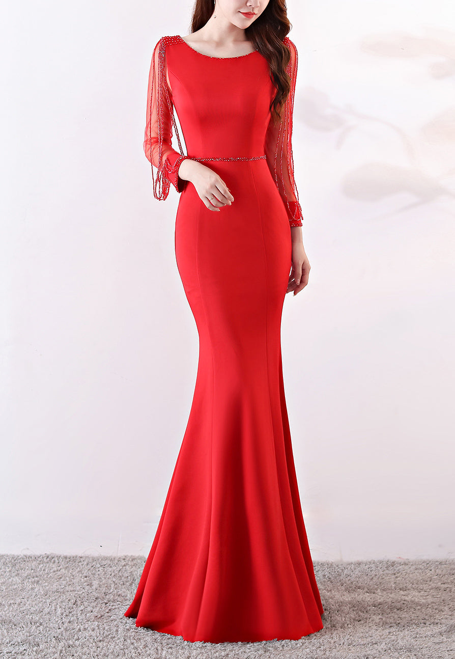 Bridal toast autumn long-sleeved rhinestone chain mermaid long evening dress 13