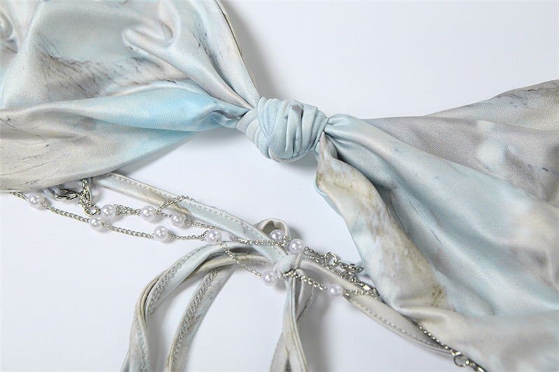 Women's Spring Halter Neck Tie Beaded Chain Slim Low Back Sexy Dress 33