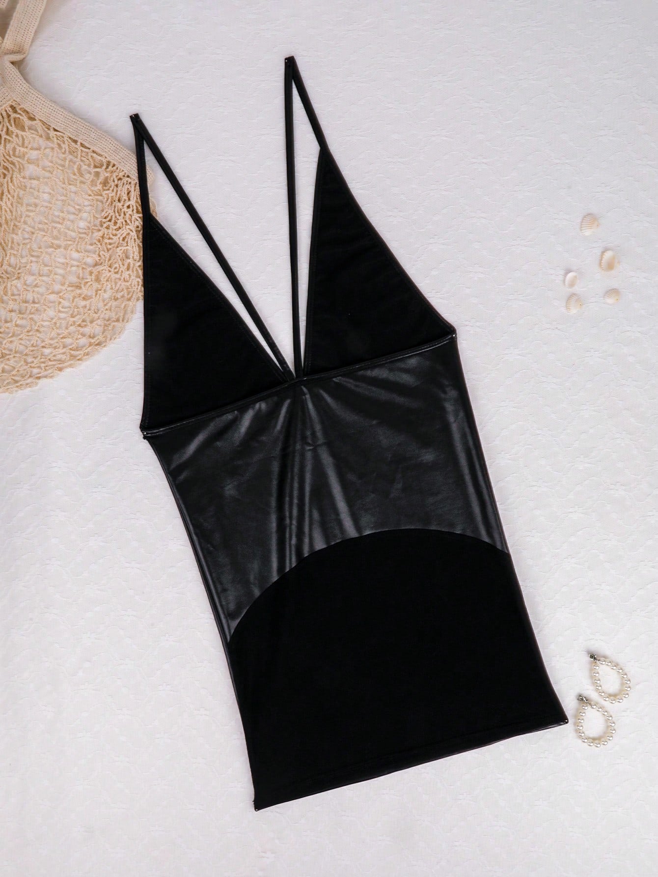 Women's Sexy V-Neck PU Low Back Mesh See-Through Tight Fitting Bodycon Dress 6