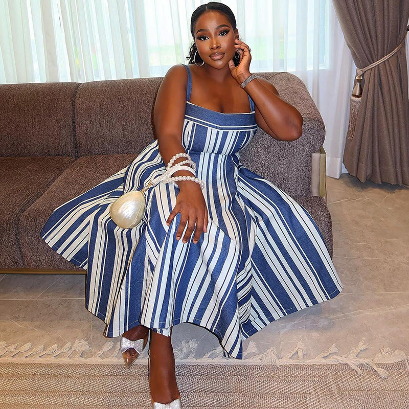 Women's Autumn Fashion Elegant Strap Striped Flared Dress 3