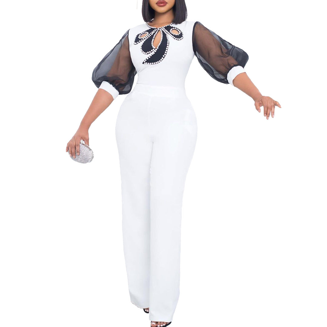 Women'S Summer Short Sleeve Puff Sleeve Beaded Sexy Wide Leg Slim Waist Plus Size Jumpsuit 8