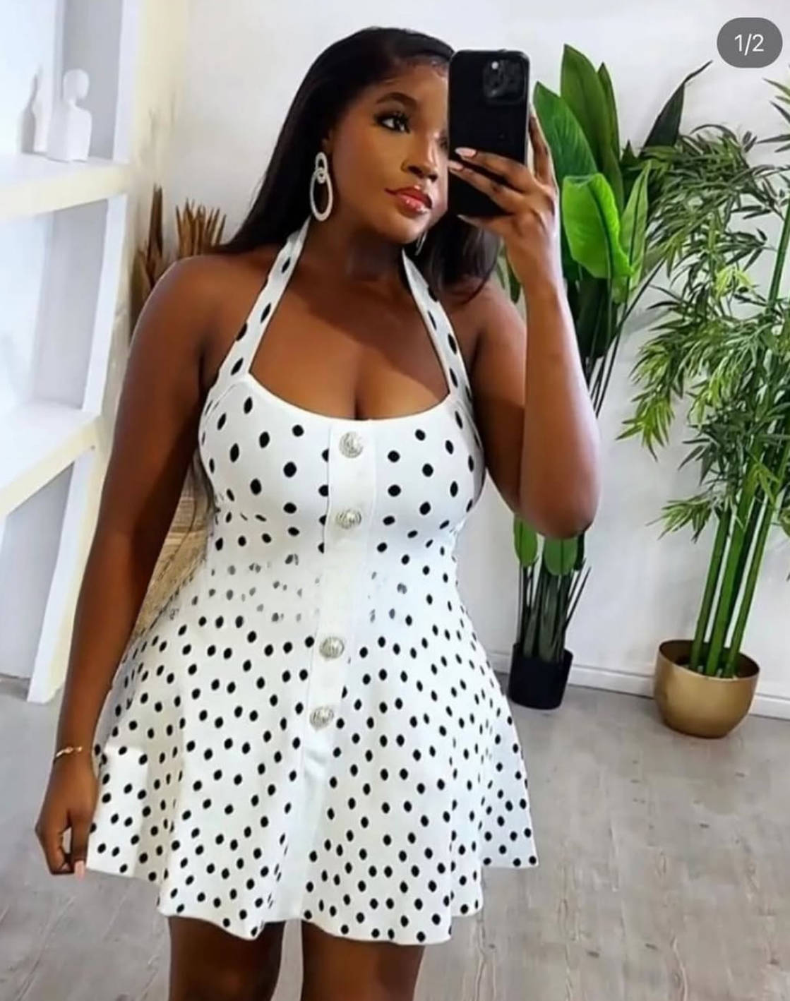 Black and White Polka Dot Low-Back Halter Neck Slim Waist Short Dress for Summer