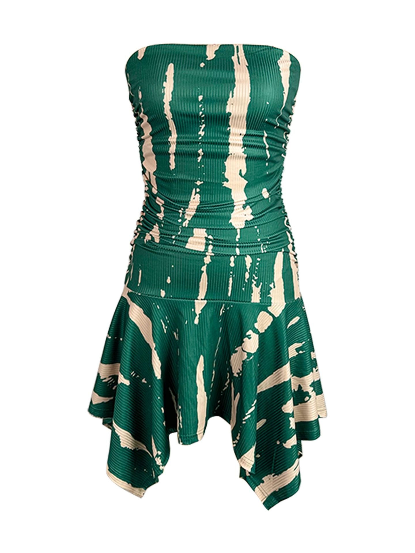 Women's Fashion Sexy Strapless Print Slim Waist Asymmetrical Dress 6