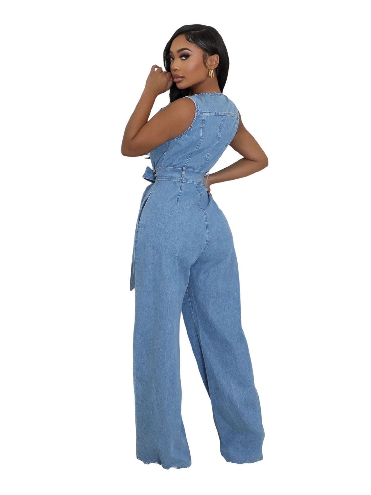 Tight Slim Elastic Waist Straight Loose Denim Jumpsuit 4