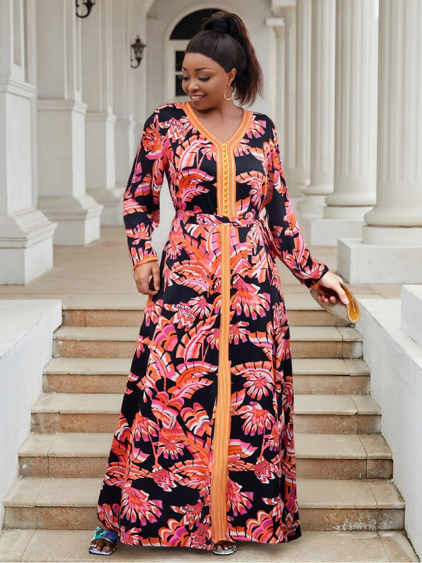 Plus Size Women's Loose Lace Embroidery Chiffon Print Evening Dress 4