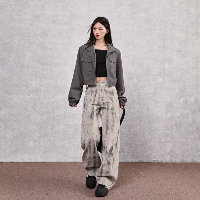 Women Autumn American Tie-Dye Stretchy Denim Wide-Leg Pants 7