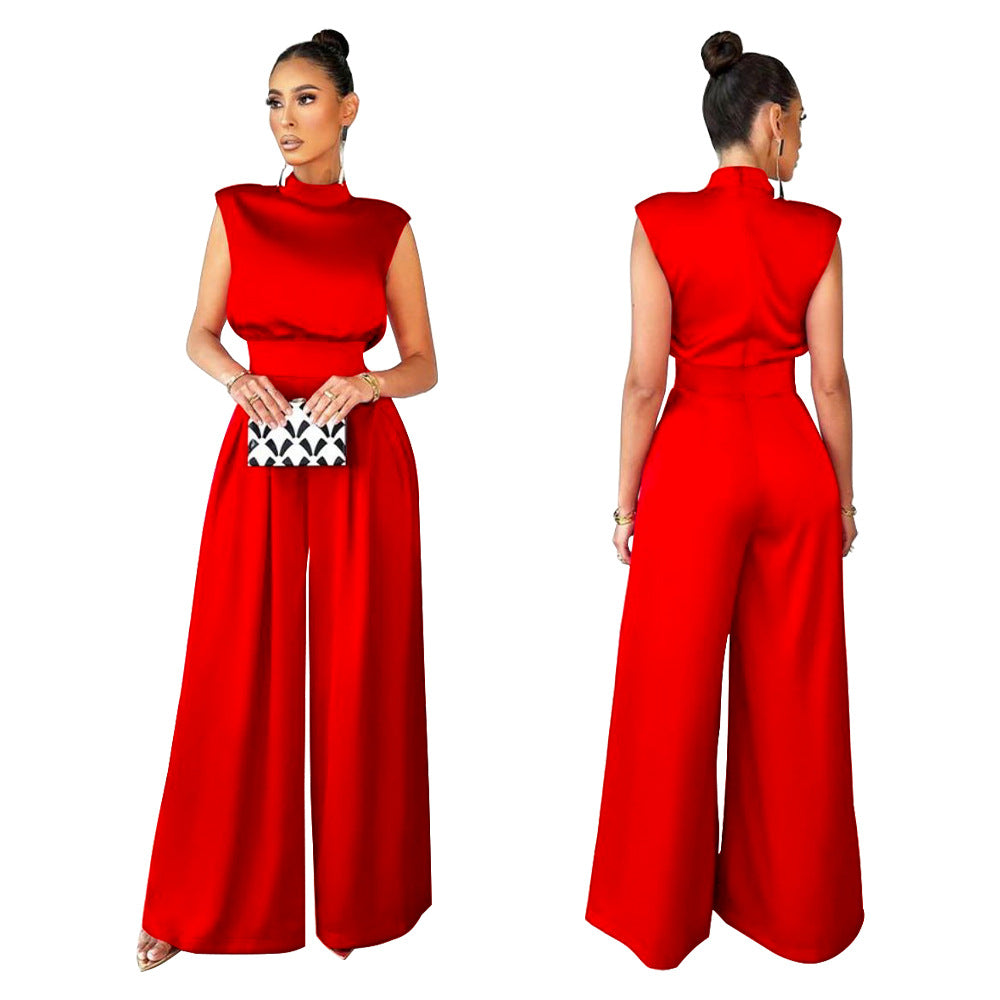 Women's Fashion Wide Leg Pants Solid Color Turtleneck Sleeveless Slim Waist Jumpsuit 5