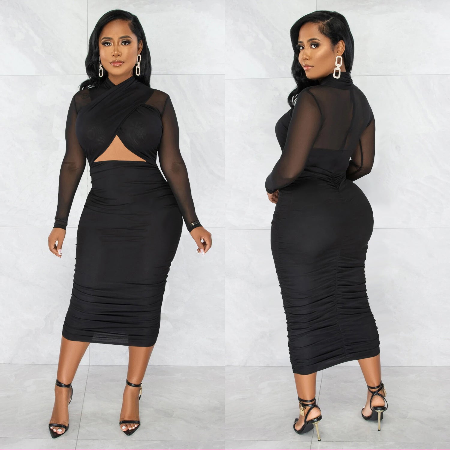 Women Mesh Long Sleeve Solid Cut Out Bodycon Dress 8