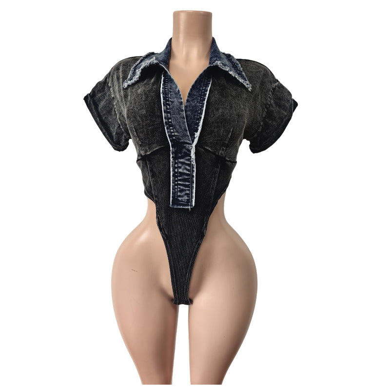 Spring Denim Short-Sleeved Bodysuit High-Stretch Skirt two piece set 7