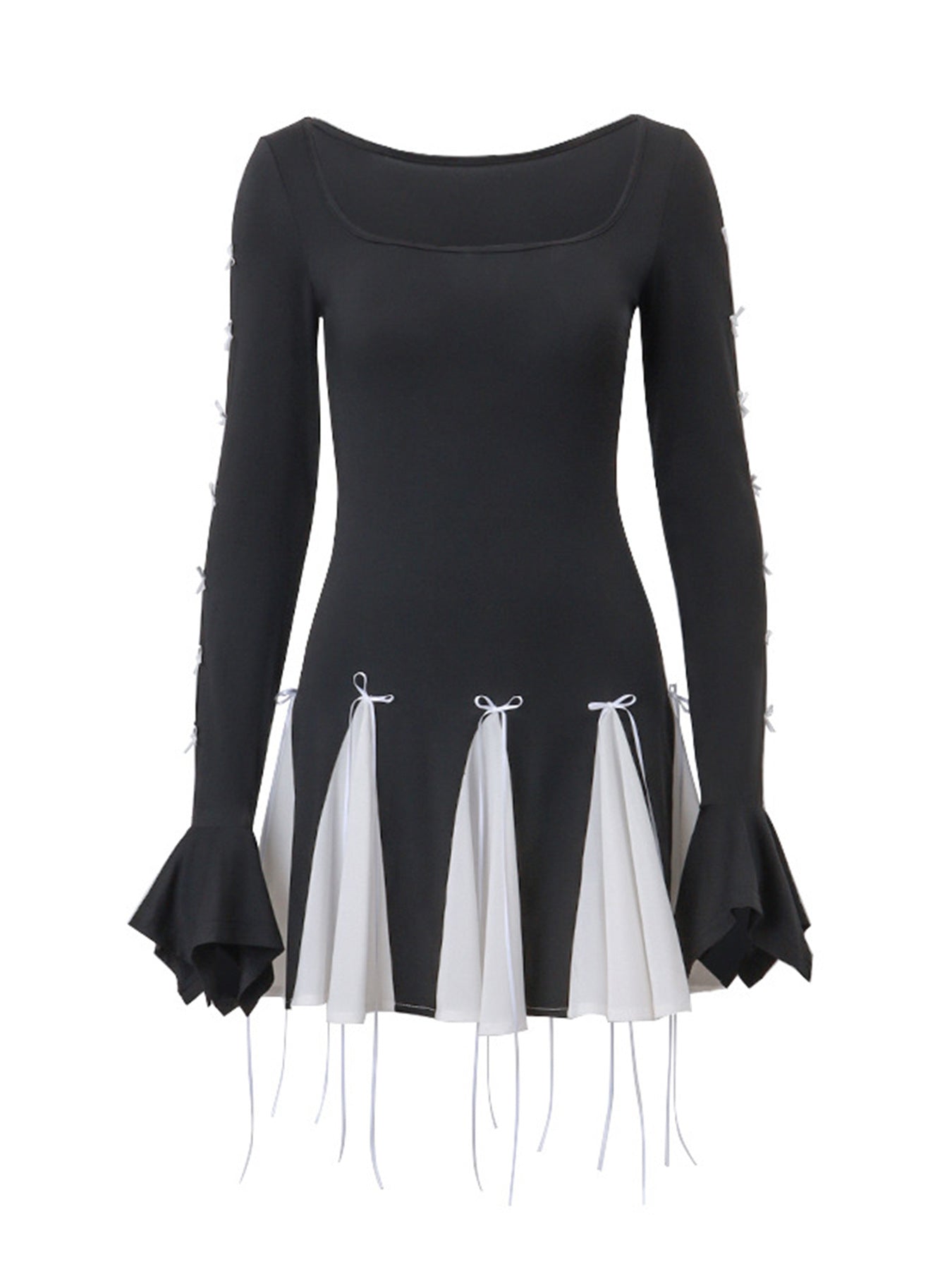 Spring Bow Lace-Up Bell Bottom Long Sleeve Dress 9