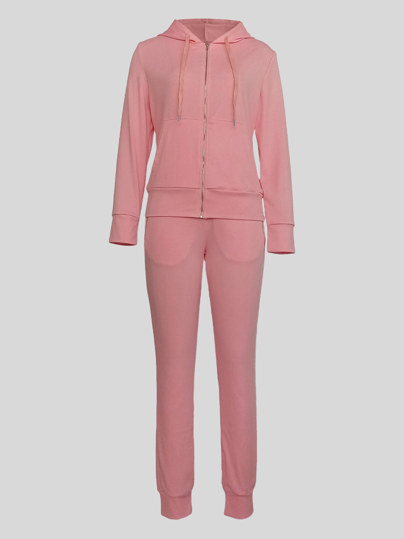 Women Casual Solid Hooded Zipper Pocket Top and Pants Two-Piece Set 7